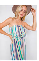 Green multi stripe strapless lightweight wide leg romper