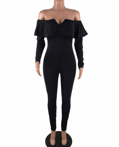 Off the shoulder ruffle black jumpsuit.