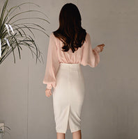 Soft Pink Graceful Single Breasted Draped Lantern Sleeve Blouse.