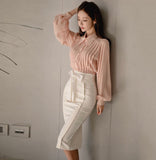 Soft Pink Graceful Single Breasted Draped Lantern Sleeve Blouse.