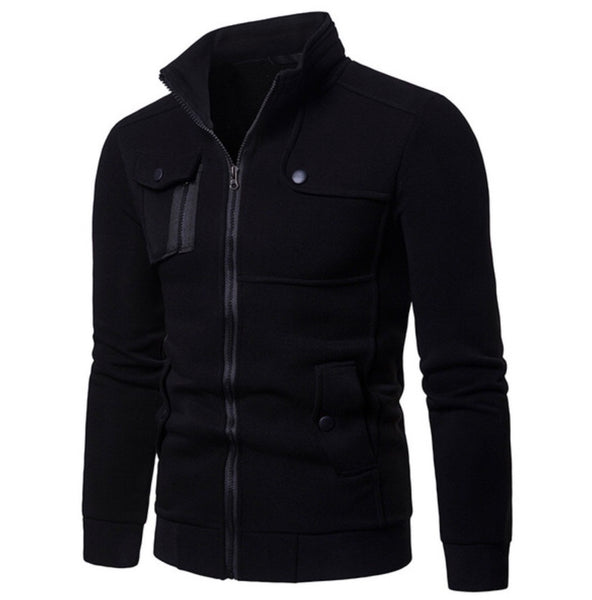 Men’s Black  Stand Neck Solid Zipper Sweater.