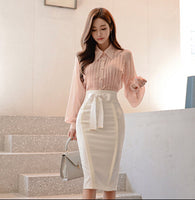 Soft Pink Graceful Single Breasted Draped Lantern Sleeve Blouse.