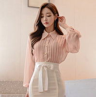 Soft Pink Graceful Single Breasted Draped Lantern Sleeve Blouse.