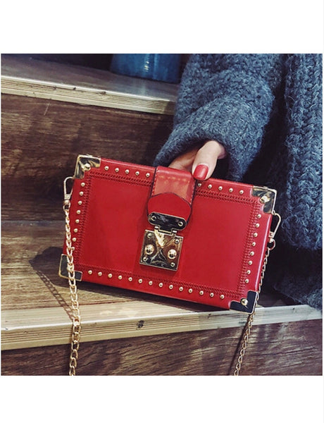 Rivet Patchwork Metal Lock Chain Shoulder Bag